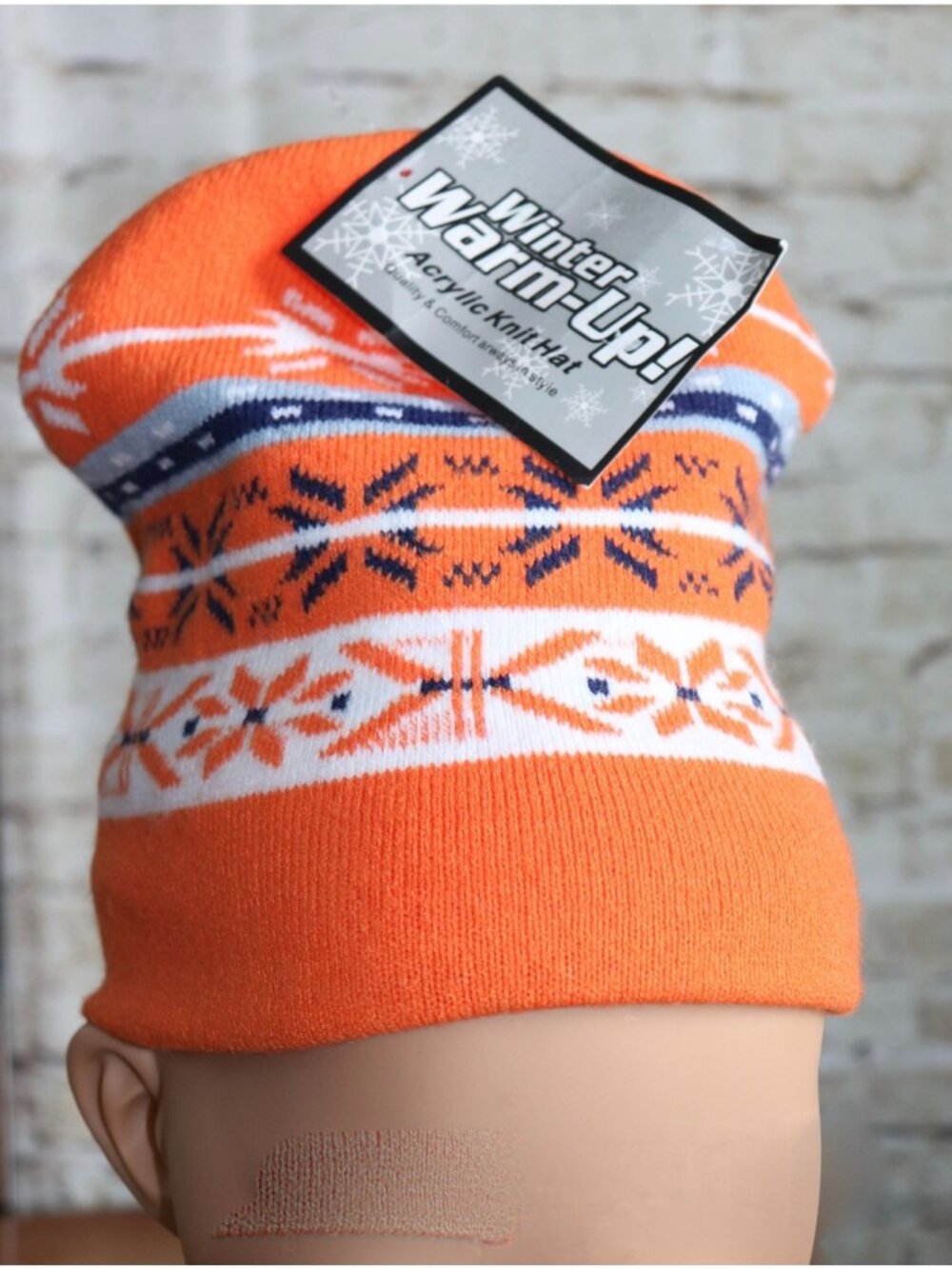 Winter Warm-Up Kids Acrylic Knit Hat Orange Snowflake Pattern